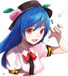  1girl bangs black_hat blouse blue_hair bow food fruit hat highres hinanawi_tenshi long_hair looking_at_viewer open_mouth peach portrait puffy_short_sleeves puffy_sleeves red_bow red_eyes short_sleeves sketch smile solo standing tetsurou_(fe+) touhou white_background white_blouse wing_collar 