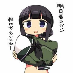  1girl bangs black_hair blunt_bangs blush_stickers check_commentary closed_eyes commentary_request kanikama kantai_collection kitakami_(kantai_collection) long_hair long_sleeves looking_at_viewer lowres neckerchief pillow pleated_skirt school_uniform serafuku simple_background skirt solo translated violet_eyes white_background 