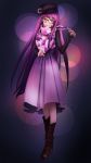  1girl alternate_costume amino_(tn7135) beret bespectacled boots crescent crescent_moon_pin floral_print frown glasses hat jewelry long_hair patchouli_knowledge purple_hair ring scarf skirt solo touhou 