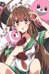  &gt;:o 1girl :o ahoge bewear blush brown_eyes brown_hair character_name chestnut_mouth highres holding holding_poke_ball huge_ahoge kantai_collection kuma_(kantai_collection) long_hair looking_at_viewer neckerchief open_mouth poke_ball pokemon pokemon_(creature) sailor_collar school_uniform serafuku shirt short_sleeves shorts solo stuffed_toy stufful takeshima_(nia) twitter_username 