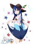  1girl bangs black_hat blouse blue_bow blue_dress blue_hair bow commentary_request cowboy_shot dress food from_behind fruit hat hinanawi_tenshi large_bow long_hair looking_at_viewer looking_back peach red_eyes skirt_hold solo standing tetsurou_(fe+) touhou wet white_blouse 