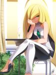  1girl blonde_hair bush cafe chair chest_jewel chin_rest commentary_request crossed_legs cup darkmaya drink drinking_glass drinking_straw green_eyes hair_over_one_eye high_heels jpeg_artifacts leggings legs long_hair looking_at_viewer lusamine_(pokemon) outdoors pokemon pokemon_(game) pokemon_sm shaded_face shirt sitting sleeveless sleeveless_shirt smile solo table thighs very_long_hair 