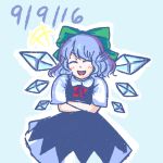  +++ 1girl blue_dress blue_eyes blue_hair blush bow cirno closed_eyes crossed_arms dress hair_bow half_updo happy holding_stomach ice ice_wings lowres maditsu open_mouth short_sleeves touhou wings 