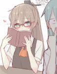  2girls blue_eyes blurry blush book brown_hair commentary depth_of_field ear_clip english eyebrows eyebrows_visible_through_hair glasses green_hair hair_between_eyes heart high_ponytail holding holding_book kantai_collection kumano_(kantai_collection) kvlen long_hair looking_at_another looking_at_viewer multiple_girls open_book open_mouth pinky_out red-framed_eyewear school_uniform shirt short_sleeves sketch suzuya_(kantai_collection) sweater_vest thought_bubble white_background white_shirt 