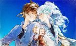  2boys blue_hair bracelet brown_hair closed_eyes earrings feather_earrings fingerless_gloves gloves grin jewelry long_hair male_focus mikleo_(tales) multiple_boys n_8u4 short_hair smile sorey_(tales) tales_of_(series) tales_of_zestiria 