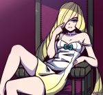  1girl akairiot artist_name bare_arms bare_legs bare_shoulders blonde_hair bow collarbone dress finger_to_eye flat_chest green_bow green_eyes hair_over_one_eye light long_hair looking_at_viewer lusamine_(pokemon) pokemon pokemon_(game) pokemon_sm purple_background shaded_face simple_background sitting sleeveless sleeveless_dress solo strap_slip throne very_long_hair white_dress 