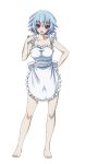  1girl apron bare_shoulders blue_hair breasts cleavage collarbone eyebrows eyebrows_visible_through_hair full_body highres index_finger_raised infinite_stratos large_breasts looking_at_viewer naked_apron open_mouth red_eyes sarashiki_tatenashi short_hair solo transparent_background white_apron 