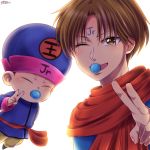  2boys backlighting brown_eyes brown_hair dual_persona facial_mark forehead_mark hat japanese_clothes kameron koenma male_focus multiple_boys one_eye_closed open_mouth pacifier red_scarf scarf signature smile v yuu_yuu_hakusho 