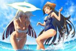  2girls arms_behind_back bikini blue_sky blue_swimsuit blush breasts brown_eyes brown_hair cleavage covered_navel dated guilty_gear guilty_gear_xrd halo hat jack-o_(guilty_gear) long_hair may_(guilty_gear) medium_breasts multicolored_hair multiple_girls navel ocean one-piece_swimsuit pirate_hat red_eyes redhead sky small_breasts splashing swimsuit thigh_gap twitter_username two-tone_hair very_long_hair wading white_bikini white_hair zaki_(narashigeo) 