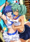  2girls armpits belt black_skirt blue_hair breast_press breasts cleavage collarbone eyebrows eyebrows_visible_through_hair eyepatch frilled_skirt frills green_eyes green_hair hair_between_eyes hair_ornament ikkitousen large_breasts lying medical_eyepatch midriff multiple_girls navel on_back pleated_skirt ryofu_housen ryomou_shimei shirt short_hair short_twintails sideboob skirt smile twintails white_shirt white_skirt yuri 