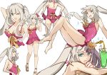  1girl :d ;d arm_behind_head ass back breasts character_sheet crab crab_on_head cup drinking_glass drinking_straw fate/grand_order fate_(series) grey_hair hsin long_hair looking_at_viewer marie_antoinette_(fate/grand_order) one-piece_swimsuit one_eye_closed open_mouth pink_swimsuit sandals simple_background smile solo swimsuit twintails white_background 