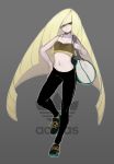  1girl adidas bag bare_arms blonde_hair branded collarbone green_eyes grey_background highres long_hair lusamine_(pokemon) midriff multicolored_hair navel pants pokemon pokemon_(game) pokemon_sm shoes sleeveless solo streaked_hair sweatpants very_long_hair zambiie 