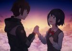  1boy 1girl black_eyes black_hair blue_eyes bow bowtie brown_hair clenched_hand clouds crying crying_with_eyes_open holding_hands hood hooded_jacket interlocked_fingers jacket kimi_no_na_wa long_sleeves looking_at_another miyamizu_mitsuha night night_sky open_mouth red_bow red_bowtie roll_okashi school_uniform short_hair sky star_(sky) tachibana_taki tears upper_body vest wing_collar 