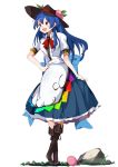 1girl bangs blouse blue_bow blue_hair bow cross-laced_footwear dress_shirt food fruit full_body hand_on_hip hat hinanawi_tenshi large_bow long_hair neck_ribbon peach pleated_skirt puffy_short_sleeves puffy_sleeves rainbow_gradient rainbow_order red_bow ribbon rock shirt short_sleeves skirt skirt_hold solo standing tetsurou_(fe+) touhou very_long_hair violet_eyes white_background white_blouse