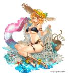  ankle_lace-up basket belly_chain bikini blonde_hair blush bottle breasts cleavage company_name cross-laced_footwear eros_(phantom_of_the_kill) flower hat innertube jewelry large_breasts necklace net official_art phantom_of_the_kill red_eyes sand sandals seashell shawl shell shiny shiny_skin short_hair skindentation starfish straw_hat swimsuit water 
