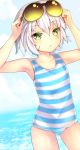  1girl assassin_of_black fate/grand_order fate_(series) green_eyes saotome_mirai scar short_hair silver_hair standing striped striped_swimsuit sunglasses sunglasses_on_head swimsuit 