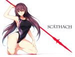  1girl alternate_costume arm_up armpits bare_arms bare_legs bare_shoulders barefoot breasts character_name closed_mouth collarbone competition_swimsuit fate/grand_order fate_(series) full_body gae_bolg harukon_(halcon) holding holding_weapon kneeling large_breasts legs_apart long_hair looking_at_viewer one-piece_swimsuit polearm purple_hair red_eyes scathach_(fate/grand_order) smile solo swimsuit weapon 