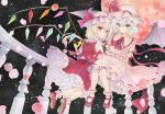  2girls ascot bat_wings blonde_hair bloomers blue_hair flandre_scarlet frilled_skirt frills g_z_mo_n hat looking_at_viewer mary_janes mob_cap moon multiple_girls night petals petticoat pink_hat pink_shirt pink_skirt puffy_short_sleeves puffy_sleeves red_eyes red_moon red_shoes red_skirt red_vest remilia_scarlet shirt shoes short_sleeves skirt sky smile star_(sky) starry_sky touhou underwear upskirt white_hat wings 