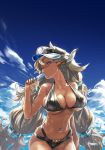  1girl almeida_(granblue_fantasy) animal_ears bare_shoulders bikini black_bikini blue_eyes breasts cleavage clouds commentary_request cowboy_shot doraf earrings granblue_fantasy grey_hair halterneck hat highres holding horns jewelry large_breasts long_hair looking_at_viewer navel_piercing one_eye_closed piercing popsicle redjuice revision sideboob skindentation sky solo sweat swimsuit twintails under_boob very_long_hair 