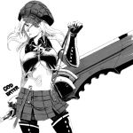  1girl absurdres alisa_ilinichina_amiella bare_shoulders black_gloves boots breasts cabbie_hat elbow_gloves fingerless_gloves gloves god_eater hat highres holding holding_weapon huge_weapon large_breasts long_hair looking_at_viewer pantyhose skirt solo standing suspenders sword thigh-highs thigh_boots under_boob weapon white_hair 
