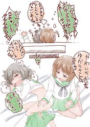  2girls akiyama_yukari blossom_(gizen&#039;yasan) blouse blush brown_hair comic girls_und_panzer heart long_sleeves messy_hair miniskirt multiple_girls nishizumi_miho school_uniform serafuku short_hair skirt tickling translation_request white_blouse 