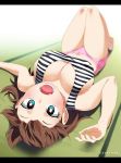  1girl :o amano_megumi amano_megumi_wa_suki_darake! blue_eyes blurry breasts cleavage covered_nipples depth_of_field gaston18 highres large_breasts lying on_back open_mouth panties pink_panties shirt solo striped striped_shirt thighs underwear 