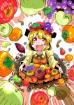  1girl aki_minoriko apple apron black_bow black_bowtie blonde_hair bow bowtie chestnut commentary_request food food_themed_hair_ornament fruit grape_hair_ornament grapes hair_ornament hat highres juliet_sleeves long_sleeves looking_up mob_cap mushroom open_mouth orange_apron pear persimmon puffy_sleeves red_eyes red_hat shinapuu shirt short_hair skirt_basket smile solo sweet_potato touhou wide_sleeves yellow_shirt 