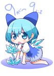  1girl arm_support bare_legs blue_dress blue_eyes blue_hair blush bow chibi cirno commentary_request dress hair_bow hajimu_orbital ice ice_flower ice_wings looking_at_viewer puffy_short_sleeves puffy_sleeves short_hair short_sleeves simple_background touhou white_background wings 