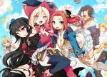  3boys 3girls ahoge balloon bandages black_hair black_legwear blonde_hair blue_eyes blue_skirt book boots bow eizen_(tales) eleanor_hume frills green_eyes hat hoshihuri laphicet_(tales) locked_arms long_hair looking_at_viewer magilou_(tales) mini_hat mini_top_hat multiple_boys multiple_girls pink_bow ponytail redhead rokurou_rangetsu short_hair skirt smile tales_of_(series) tales_of_berseria thigh-highs thigh_boots top_hat torn_clothes torn_thighhighs velvet_crowe white_boots yellow_eyes 