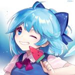  1girl ahoge ainy77 blue_background blue_bow blue_eyes blue_hair blue_vest bow bowtie cirno grin hair_bow ice ice_wings looking_at_viewer one_eye_closed pink_bow pink_bowtie popsicle portrait short_sleeves smile solo star touhou watermelon_bar wings 