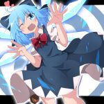  &gt;;d 1girl ;d ahoge blue_eyes blue_hair blush bow cirno do_(4-rt) eyebrows eyebrows_visible_through_hair hair_bow heart highres ice ice_wings leg_up one_eye_closed open_hands open_mouth puffy_sleeves raised_eyebrows smile solo teeth touhou wings 