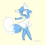  1girl animated animated_gif aqua_eyes artist_name bangs blue_hair dancing elbow_gloves fur furry gloves groin heart meowstic pokemon redasanyrose sidelocks simple_background solo source_request spinning tail yellow_background 