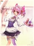  +_+ 1girl alternate_costume apron blush drill_hair enmaided frills highres katia_(shironeko_project) looking_at_viewer maid pink_hair shironeko_project smile solo twin_drills unier 