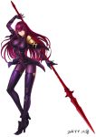  1girl bodysuit breasts dated fate/grand_order fate_(series) full_body gae_bolg highres long_hair mhg_(hellma) pauldrons polearm purple_hair red_eyes scathach_(fate/grand_order) signature simple_background solo spear weapon 