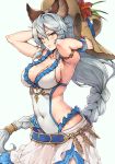  1girl adjusting_clothes adjusting_hat animal_ears armlet armpits blush bracelet braid breasts brown_eyes cleavage commentary_request covered_navel cowboy_shot dress erun_(granblue_fantasy) flower frills gou_(ga673899) granblue_fantasy hair_tubes hat hat_flower heles hibiscus jewelry large_breasts long_hair looking_at_viewer parted_lips revealing_clothes sideboob silver_hair single_braid solo sun_hat very_long_hair white_dress 