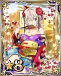  1girl bare_shoulders breasts card_(medium) cleavage fan flower hair_flower hair_ornament holding_fan japanese_clothes kimono looking_at_viewer medium_breasts mole mole_on_breast number one_eye_closed pink_hair red_eyes red_flower short_hair smile solo star strea sword_art_online yukata 