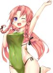  1girl alternate_costume alternate_hairstyle arm_up armpits barefoot blue_eyes blush braid breasts covered_navel highres hong_meiling looking_at_viewer low_twintails naked_tabard one_eye_closed open_mouth red_eyes redhead shiron_(e1na1e2lu2ne3ru3) sideboob simple_background smile solo tabard touhou twin_braids twintails white_background 