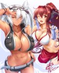  2girls :d arm_up bare_shoulders belt between_breasts bikini_top bottle bracelet breasts brown_eyes brown_hair cleavage clouds collarbone commentary_request dark_skin dated glasses hair_between_eyes headgear holding jewelry kantai_collection large_breasts long_hair looking_at_viewer multiple_girls musashi_(kantai_collection) navel necklace okitakung one_eye_closed open_mouth ponytail ramune red_eyes ripples sarong short_shorts shorts sidelocks signature sky smile sun wading water wet white_bikini_top yamato_(kantai_collection) 