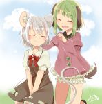  2girls :d abe_suke animal_ears bangs black_skirt bloomers blush bow bowtie closed_eyes closed_mouth commentary_request dress eyebrows_visible_through_hair fang green_hair grey_hair highres juliet_sleeves kasodani_kyouko long_sleeves mouse_ears mouse_tail multiple_girls nazrin open_mouth pink_dress puffy_short_sleeves puffy_sleeves red_neckwear short_hair short_sleeves signature skirt skirt_set smile tail touhou underwear 