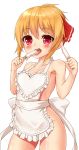  1girl alternate_hairstyle apron blonde_hair blush hair_ribbon highres licking looking_at_viewer melting naked_apron open_mouth ponytail popsicle red_eyes ribbon rumia sash shiron_(e1na1e2lu2ne3ru3) short_hair simple_background solo tongue tongue_out touhou white_background 