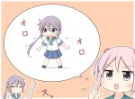  &gt;:d 2girls :d akebono_(kantai_collection) baseball_bat bell blush check_commentary commentary commentary_request crying flower goma_(yoku_yatta_hou_jane) hair_bell hair_between_eyes hair_bobbles hair_flower hair_ornament kantai_collection long_hair multiple_girls open_mouth pink_hair purple_hair sazanami_(kantai_collection) school_uniform serafuku side_ponytail simple_background smile translated twintails very_long_hair 