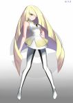  1girl bare_arms blonde_hair blush crystal dated full_body green_eyes hair_over_one_eye hand_on_hip highres long_hair looking_at_viewer lusamine_(pokemon) muta_(csw) pokemon pokemon_(game) pokemon_sm sleeveless smile solo very_long_hair white_background 