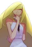  1girl arm_behind_back bare_arms bare_shoulders blonde_hair covering_mouth crystal green_eyes hair_over_one_eye long_hair looking_at_viewer lusamine_(pokemon) pokemon pokemon_(game) pokemon_sm sleeveless smile solo tostantan very_long_hair white_background 