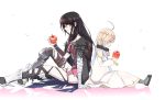  1boy 1girl apple back-to-back black_hair blonde_hair choker commentary_request food fruit gloves highres laphicet_(tales) long_hair short_hair simple_background tales_of_(series) tales_of_berseria velvet_crowe white_background yellow_eyes 