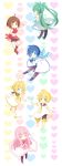  2boys 4girls ^_^ adapted_costume black_legwear blonde_hair blue_eyes blue_hair bow brown_eyes brown_hair closed_eyes dress green_eyes green_hair hair_bow hair_ornament hairclip hatsune_miku heart highres hyou_(pixiv3677917) kagamine_len kagamine_rin kaito megurine_luka meiko multiple_boys multiple_girls one_eye_closed open_mouth pink_hair sailor_collar sailor_dress scarf smile twintails vocaloid 