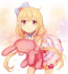  1girl blonde_hair bow brown_eyes dress futaba_anzu hair_bow hair_ornament highres idolmaster idolmaster_cinderella_girls idolmaster_cinderella_girls_starlight_stage leaning_forward long_hair low_twintails sha_(isago) smile solo stuffed_animal stuffed_bunny stuffed_toy twintails 