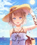  1girl :d anchor anchor_necklace bag bangs bird blue_eyes brown_hair hand_on_headwear handbag hat highres jewelry limobok looking_at_viewer love_live! love_live!_sunshine!! necklace ocean open_mouth ribbon seagull short_hair sleeveless smile solo straw_hat sun sunlight swept_bangs upper_body watanabe_you water_drop wrist_ribbon 