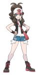  1girl absurdres bag baseball_cap blue_eyes boots brown_hair curly_hair cutoffs denim denim_shorts full_body grin handbag hands_on_hips hat high_ponytail highres long_hair official_art pokemon pokemon_(game) pokemon_bw ponytail ripped_jeans short_shorts shorts smile solo sugimori_ken tank_top touko_(pokemon) vest wristband 