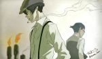  2boys 91_days avilio_bruno brown_hair candle chama_kou cigarette corteo facing_away fire glasses hat highres looking_to_the_side male_focus multiple_boys smoking suspenders twitter_username vest 