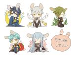  5boys :&lt; :3 animal_ears aqua_hair armor blue_eyes blue_hair bunny_tail cherry_blossoms chibi closed_eyes crescent_moon food fruit green_hair hair_over_one_eye ichigo_hitofuri japanese_armor japanese_clothes kemonomimi_mode kousetsu_samonji leaf male_focus mikazuki_munechika moon multiple_boys necktie rabbit_ears seiza sitting smile sode strawberry tail touken_ranbu translation_request tsurumaru_kuninaga uguisumaru unapoppo white_hair wings yellow_eyes yunomi 